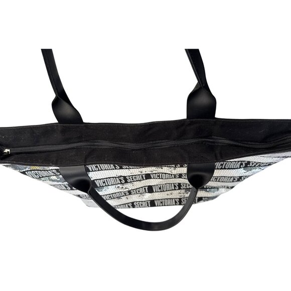 Victorias Secret Large Sequin Tote Bag Black & Silver With Zip Closure - Picture 6 of 10